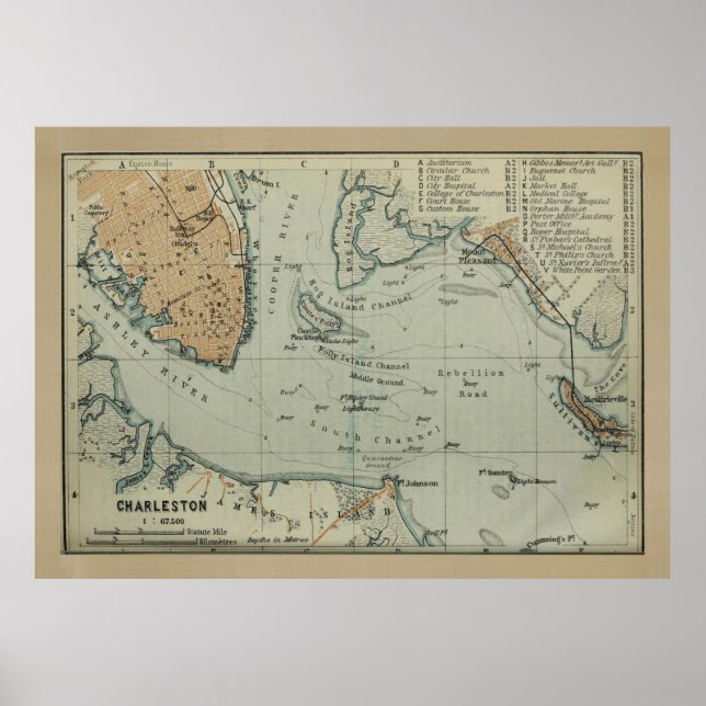 Poster Mapa da Vintage de Charleston SC Harbour (1904) (Frente)