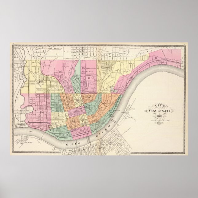 Poster Mapa da Vintage de Cincinnati OH (1872) (Frente)