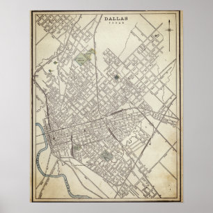 Poster Mapa da Vintage de Dallas, TX (1890)