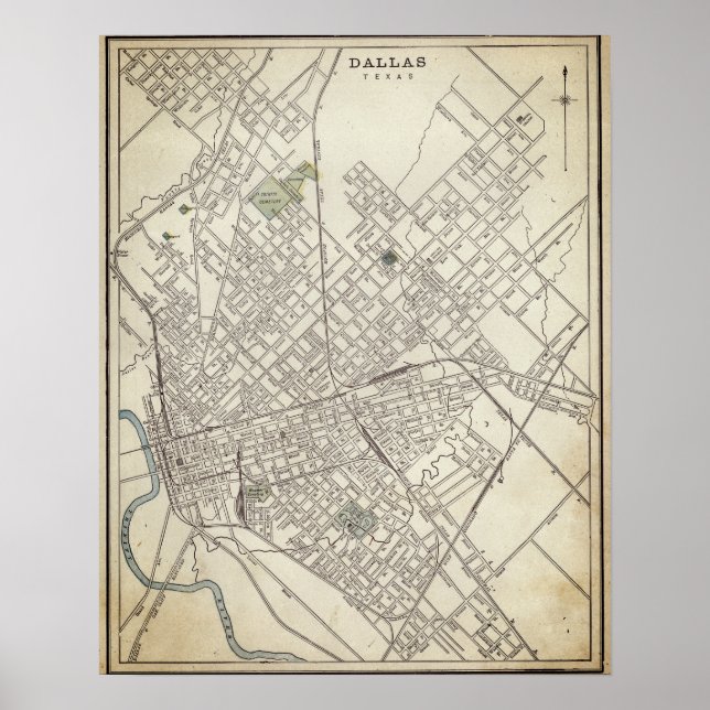 Poster Mapa da Vintage de Dallas, TX (1890) (Frente)
