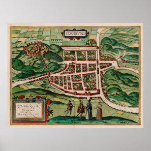 Poster Mapa da Vintage de Edimburgo, Escócia (1580)