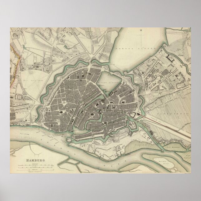Pôster Mapa da Vintage de Hamburgo Alemanha (1841) (Frente)