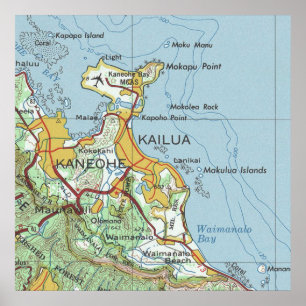 Poster Mapa da Vintage de Kailua e Kaneohe Oahu