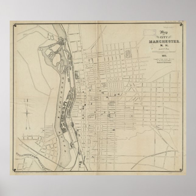 Poster Mapa da Vintage de Manchester NH (1872) (Frente)