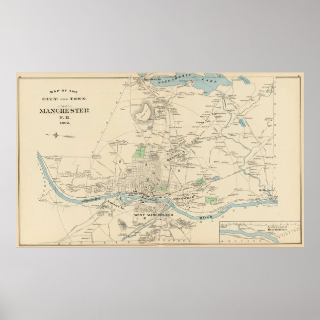 Pôster Mapa da Vintage de Manchester NH (1892) (Frente)