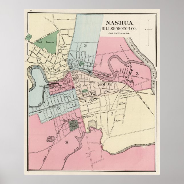 Pôster Mapa da Vintage de Nashua NH (1877) (Frente)