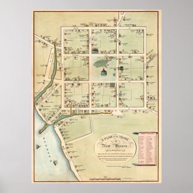 Poster Mapa da Vintage de New Haven CT (1865) (Frente)