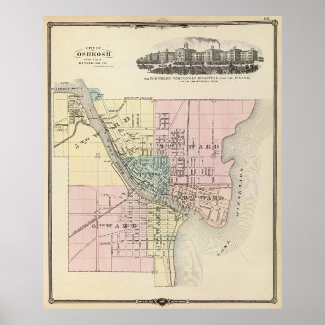 Poster Mapa da Vintage de Oshkosh WI (1878) (Frente)