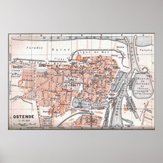 Pôster Mapa da Vintage de Ostende Bélgica (1905) (Frente)