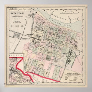 Poster Mapa da Vintage de Savannah GA (1877)