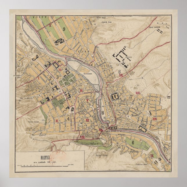 Poster Mapa da Vintage de Tbilisi Georgia (1878) (Frente)