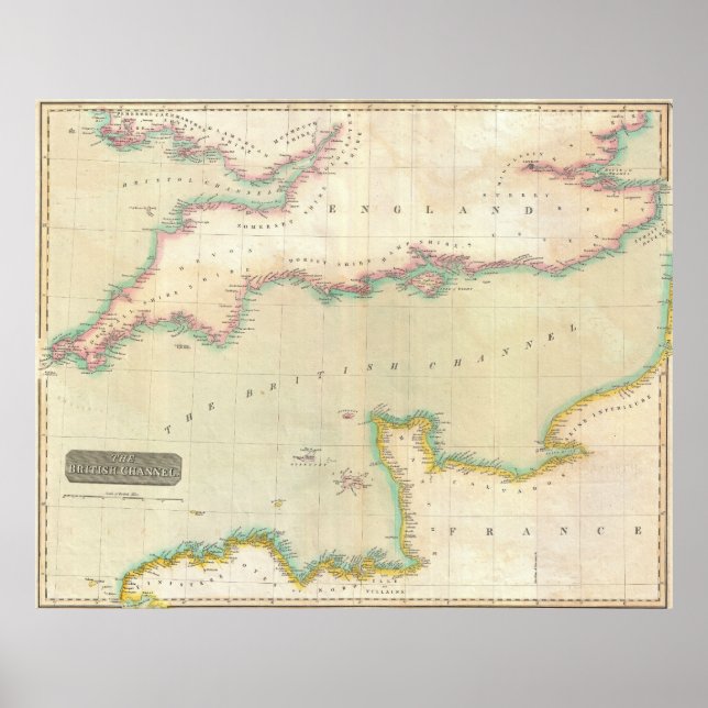 Pôster Mapa da Vintage do Canal da Mancha (1814) (Frente)