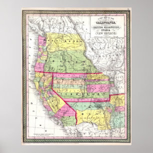 Pôster Mapa da Vintage do Oregon Oeste da Califórnia Amer