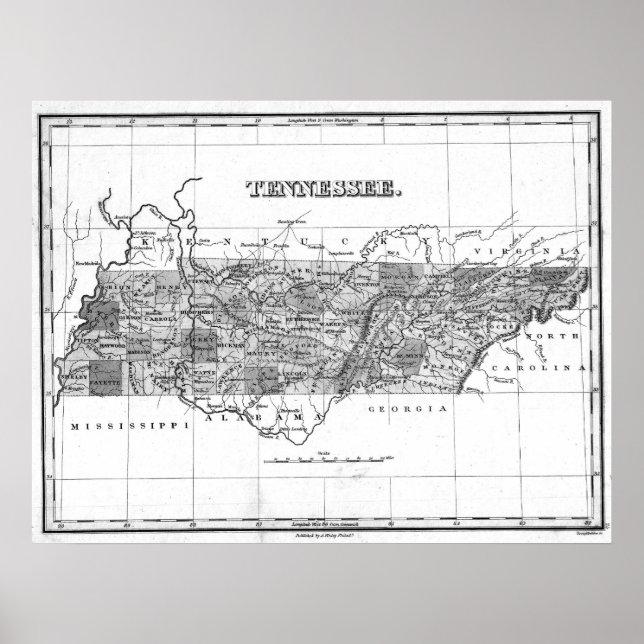 Pôster Mapa da Vintage do Tennessee (1827) BW (Frente)