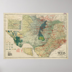 Poster Mapa da Vintage dos Campos do Texas Petróleo e Gás