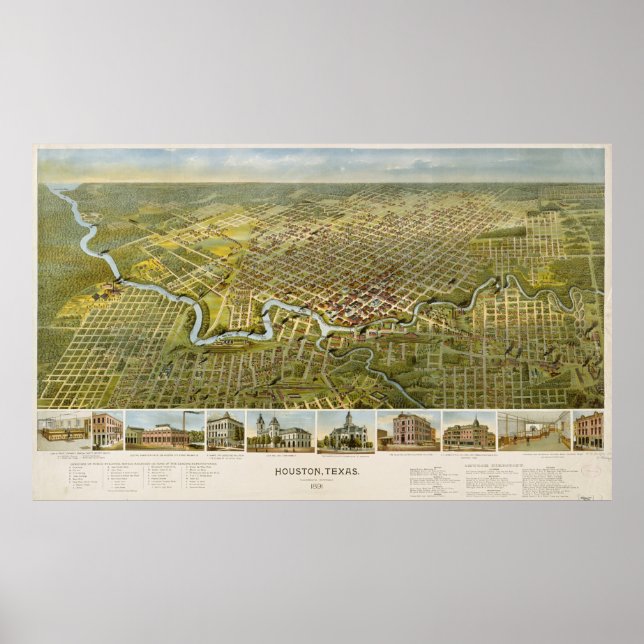 Pôster Mapa da Vintage em Houston Texas (1891) (Frente)