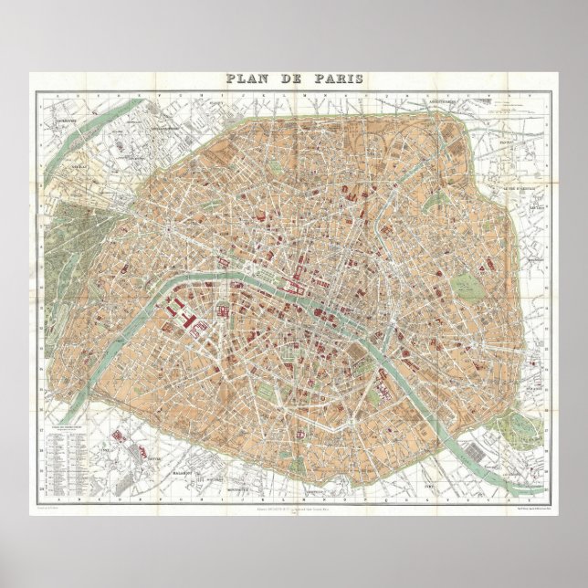 Poster Mapa da Vintage em Paris (1892) (Frente)