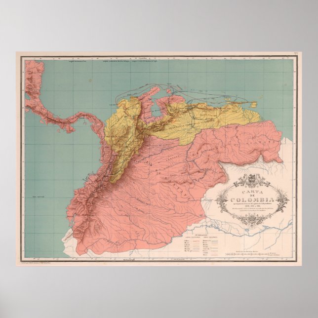Poster Mapa da Vintage na Colômbia (1890) (Frente)