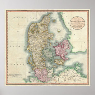 Pôster Mapa da Vintage na Dinamarca (1801)