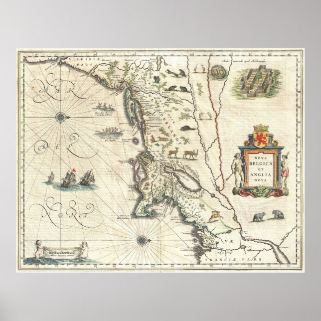 Poster Mapa da Vintage na Nova Inglaterra (1635) (Frente)