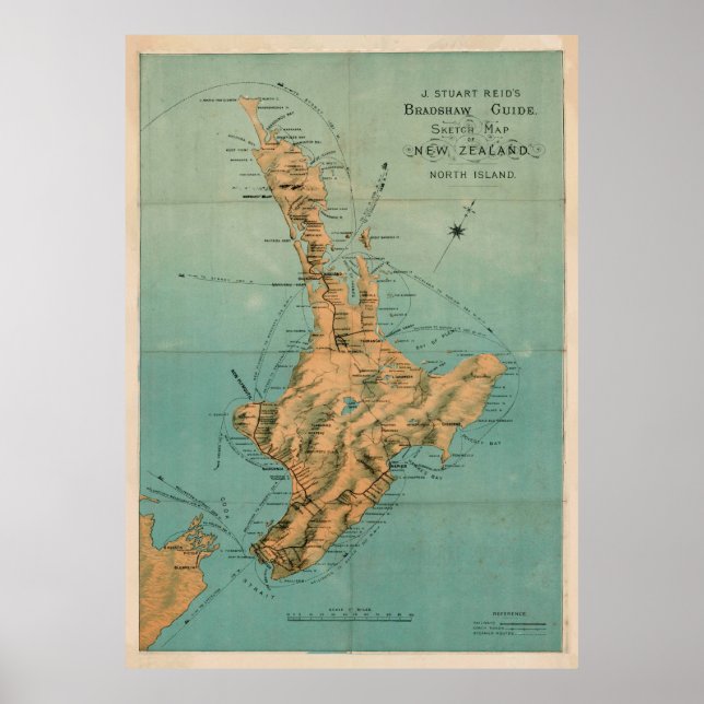 Poster Mapa da Vintage na Nova Zelândia (1880) (Frente)