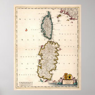 Poster Mapa da Vintage Sardenha e da Córsega (1682)