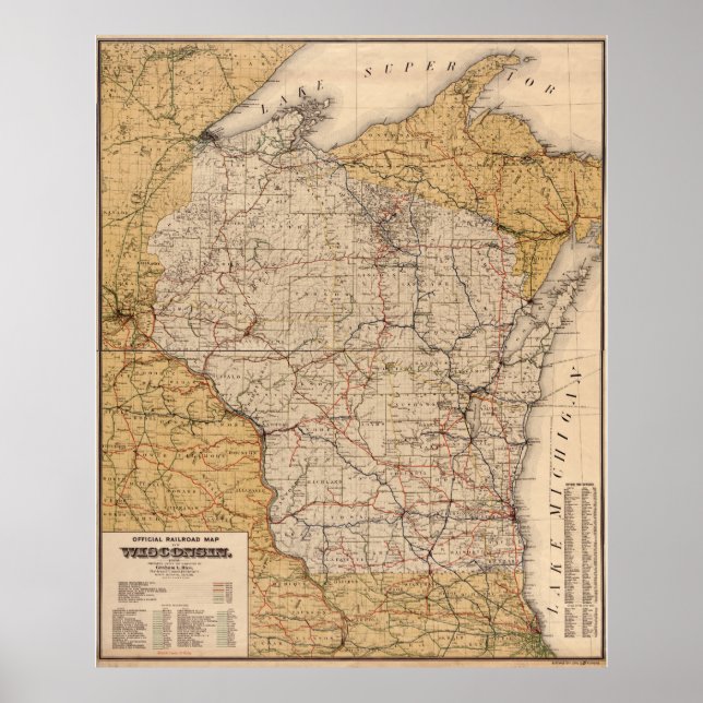 Pôster Mapa da Vintage Wisconsin Railroad (1900) (Frente)
