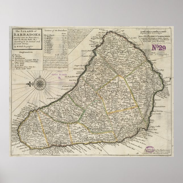 Pôster Mapa da Vintagem de Barbados (1736) (Frente)