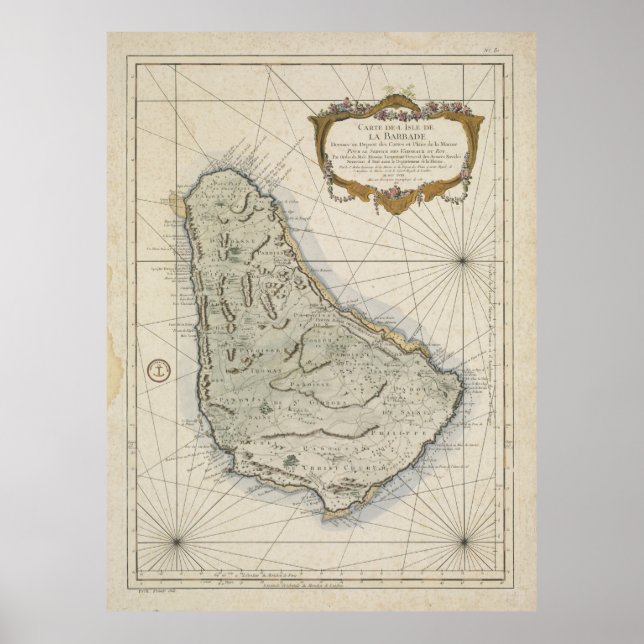 Pôster Mapa da Vintagem de Barbados (1758) (Frente)