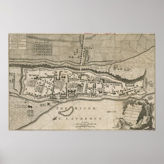 Pôster Mapa da Vintagem de Montreal (1758) (Frente)