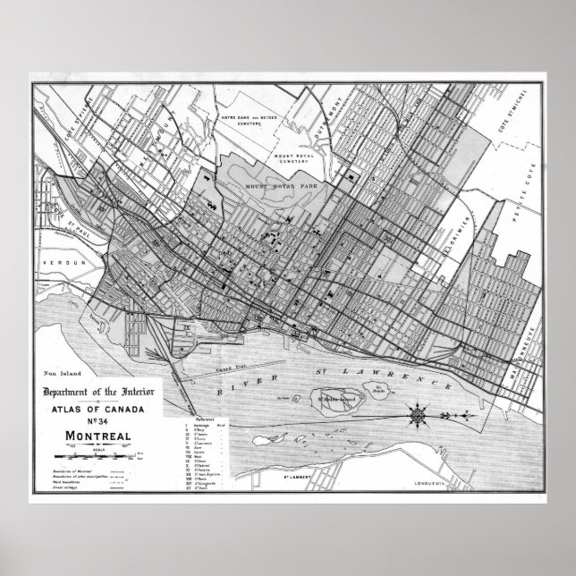 Pôster Mapa da Vintagem de Montreal (1906) BW (Frente)