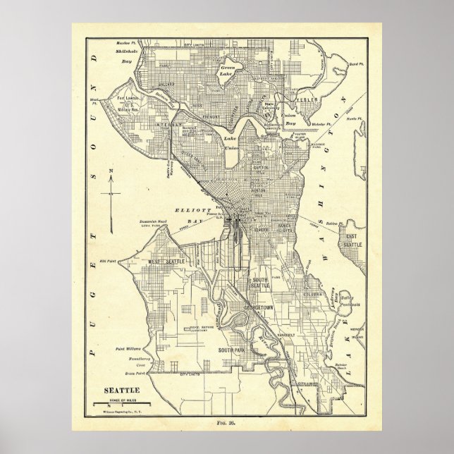 Poster Mapa da Vintagem de Seattle (1914) (Frente)