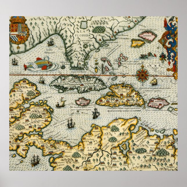 Poster Mapa da Vintagem do Caribe (1594) (Frente)