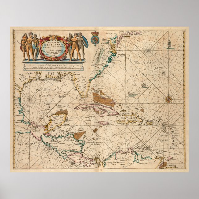 Poster Mapa da Vintagem do Caribe (1672) (Frente)