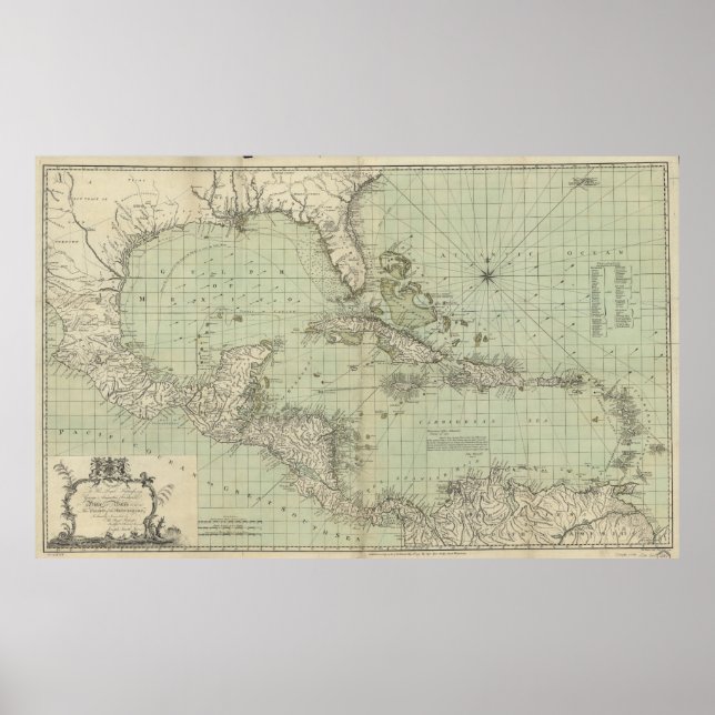 Pôster Mapa da Vintagem do Caribe (1774) (Frente)