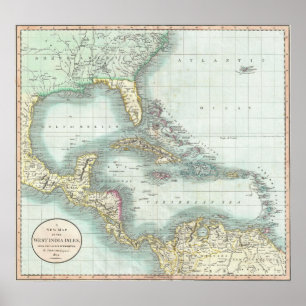 Pôster Mapa da Vintagem do Caribe (1803)