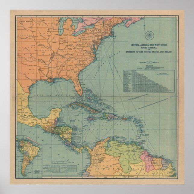 Poster Mapa da Vintagem do Caribe (1909) (Frente)