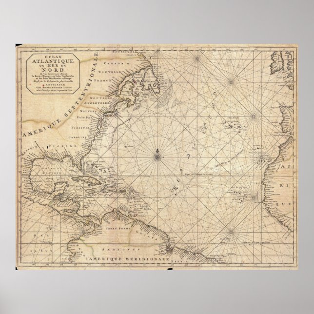 Poster Mapa da Vintagem do Oceano Atlântico (1683) (Frente)
