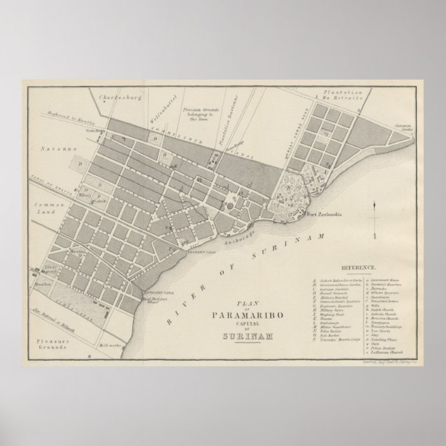 Poster Mapa da Vintagem do Paramaribo Suriname (1876) (Frente)