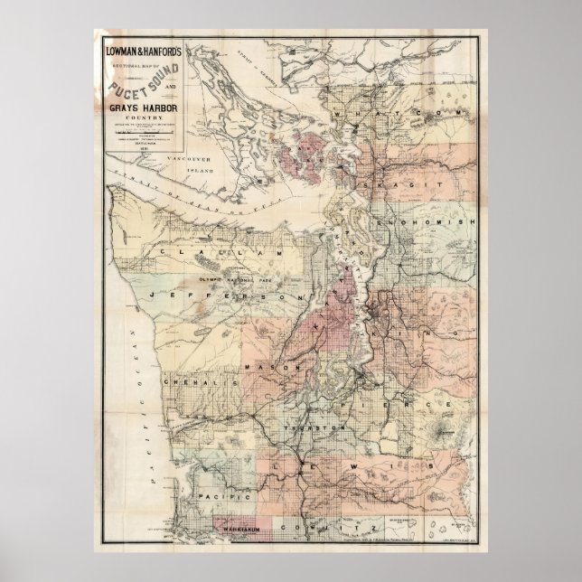 Pôster Mapa da Vintagem do Puget Sound (1891) (Frente)
