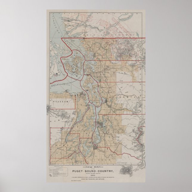 Poster Mapa da Vintagem do Puget Sound (1899) (Frente)
