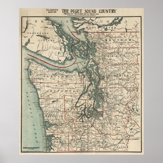 Pôster Mapa da Vintagem do Puget Sound (1910) (Frente)