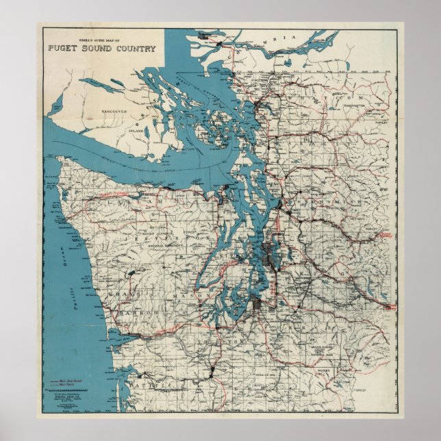 Pôster Mapa da Vintagem do Puget Sound (1919) (Frente)