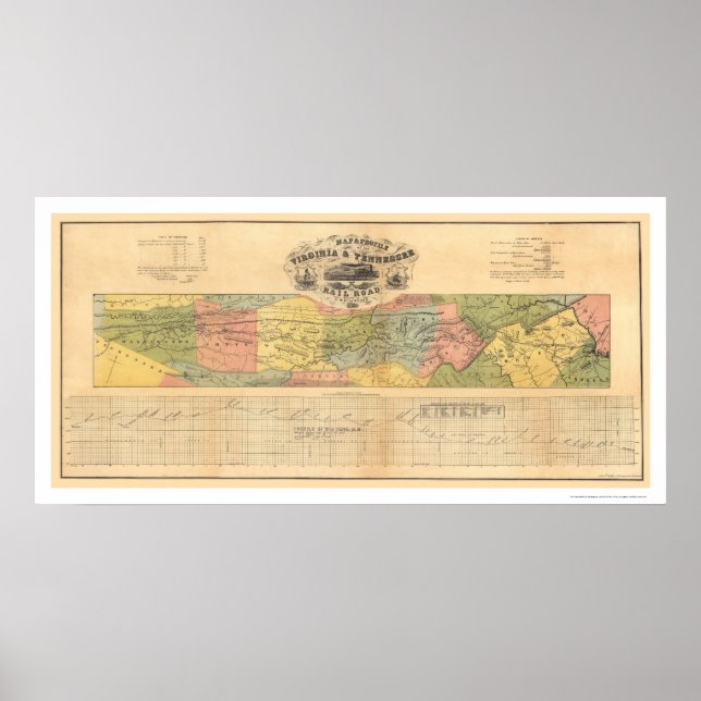 Pôster Mapa da Virgínia e Tennessee Railroad 1856 (Frente)