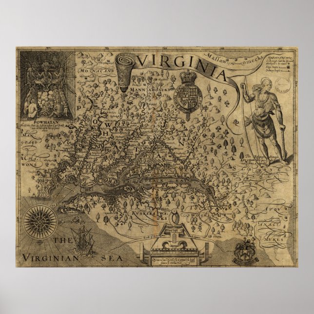 Pôster Mapa da Virgínia por John Smith (1624) (Frente)