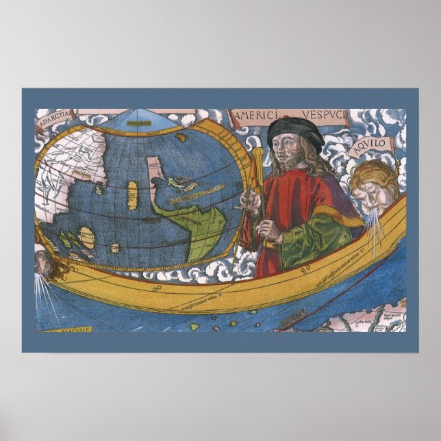 Pôster Mapa das Américas com o Explorer Amerigo Vespucci (Frente)