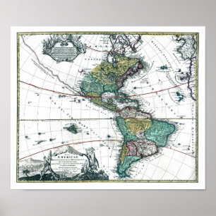 Poster Mapa das Américas do Sul e do Norte de 1725