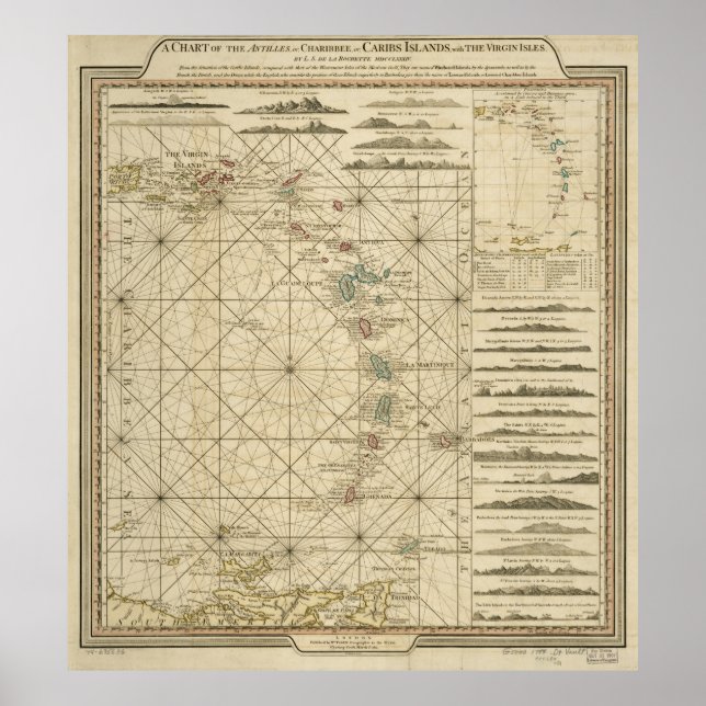Poster Mapa das Antilhas das Ilhas Virgens Caribes de Cha (Frente)