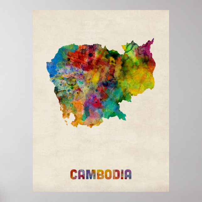 Pôster Mapa das Aquarelas do Camboja (Frente)