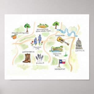 Poster Mapa das Aquarelas do País de Austin Texas Hill